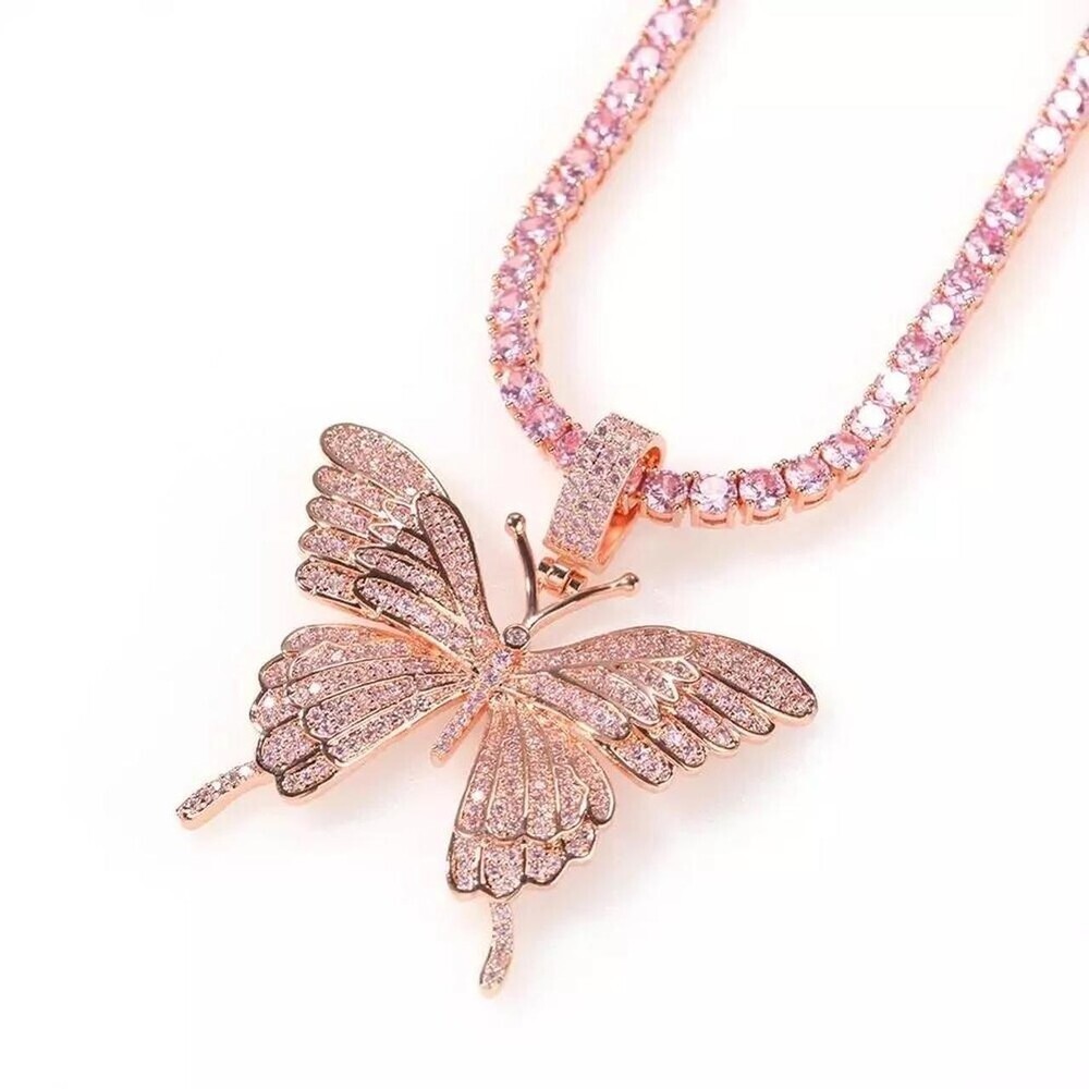 Pink Butterfly pendant and Tennis Necklace 16inch